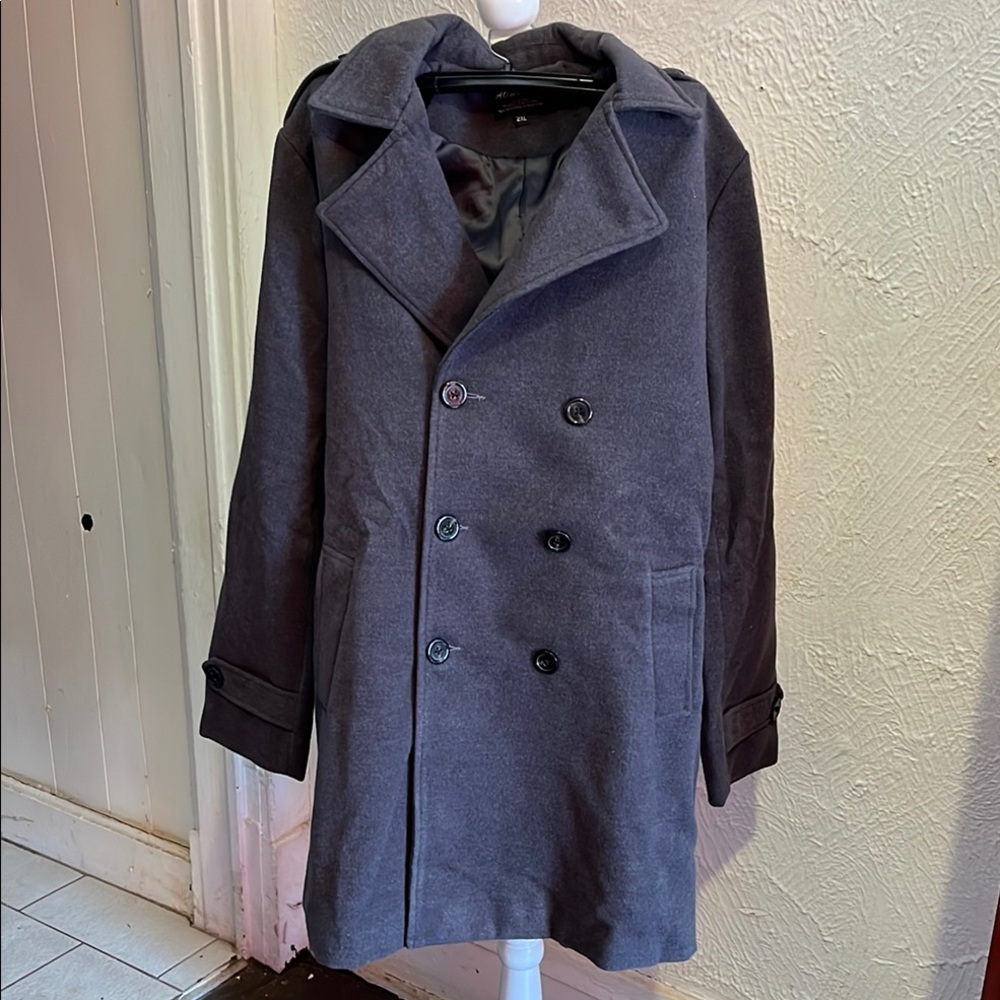 Gray Double-Breasted Pea Coat with Wide Collar